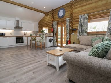 An open plan living area with a sofa coffee table kitchen area and dining chairs at Redwood Lodge in Ellesmere