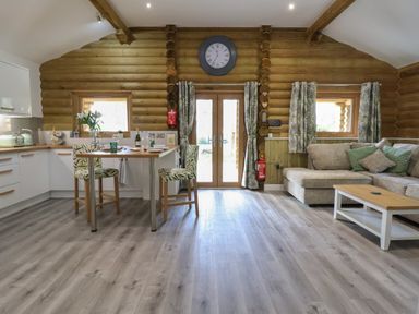An open plan kitchen and living room with wooden beams and log walls at Redwood Lodge in Ellesmere