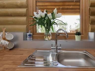 A kitchen sink with a vase of white flowers and soap on the windowsill at Redwood Lodge in Ellesmere