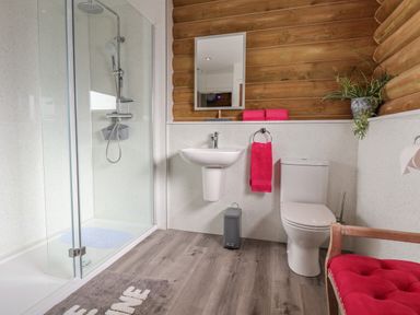 A bathroom with a glass shower, white sink, toilet, pink towels, plant, and wooden paneled wall at Redwood Lodge in Ellesmere