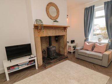 A living room with a wood stove fireplace a gray sofa with pink cushions a white TV stand with a television and board games at Cosy Cottage in Amble