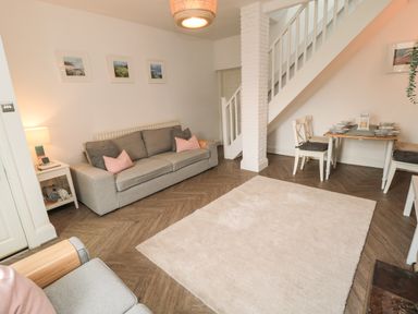 A living room with a gray sofa pink cushions a small dining table with chairs and a white rug on a wooden floor at Cosy Cottage in Amble