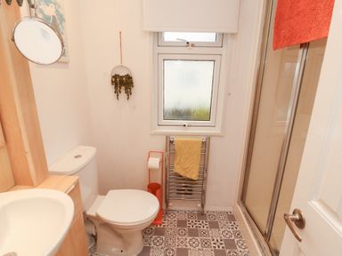 A bathroom with a sink, toilet, shower and window at Rosie's Zen Den in High Hesket near Armathwaite