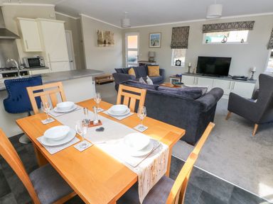 An open-plan living and dining area with a wooden dining table set for four and a living room with sofas and a television at Lodge 53 in Stepaside near Kilgetty