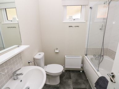 A bathroom with a sink a toilet a bathtub with shower and a radiator at Lodge 53 Stepaside near Kilgetty