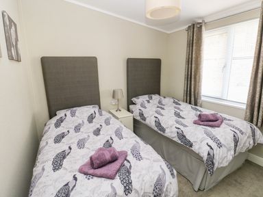 A bedroom with two single beds side by side with peacock patterned bedding and purple towels on each bed at Lodge 53 in Stepaside near Kilgetty