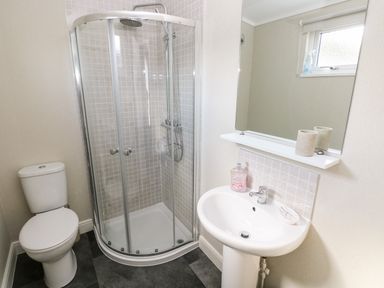 A bathroom with a toilet shower enclosure sink and mirror at Lodge 53 Stepaside near Kilgetty
