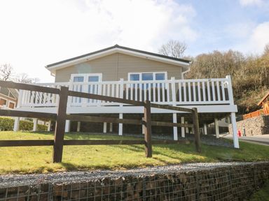 A raised house with white railings and a wooden fence on grassy land at Lodge 53 Stepaside near Kilgetty