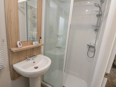 A bathroom with a sink a mirror and a shower enclosure at Rowan Court 2 in Cayton