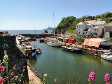 A harbor with boats docked along the water and a white building near a hillside at Sea View in St Austell