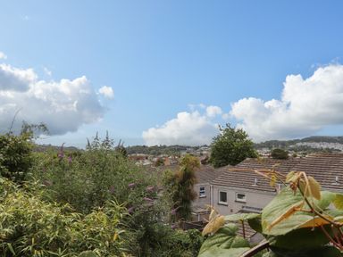 A view of rooftops trees and plants under a blue sky at Sea View in St Austell