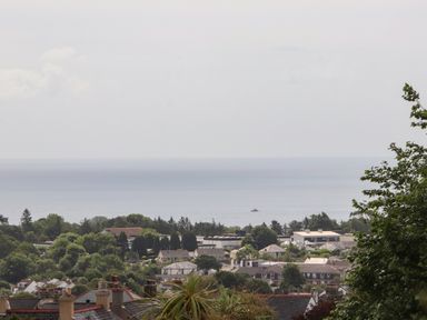 A coastal town with rooftops trees and a sea view at Sea View in St Austell