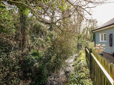 A narrow stream flowing alongside a wooden fence and a blue house in a wooded area at 1 The Dell in Mundesley