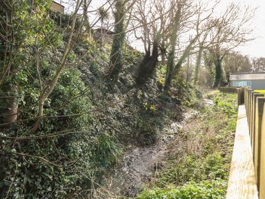 A small creek running alongside vegetation and a wooden fence near a building at 1 The Dell in Mundesley