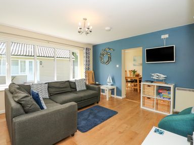 A living room with a gray sofa a blue wall mounted TV and a white shelf with baskets at 1 The Dell in Mundesley