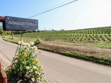 A road with a hanging flower pot and a signpost reading Admirals Cottage near a field of crops in Blaxhall near Snape Suffolk