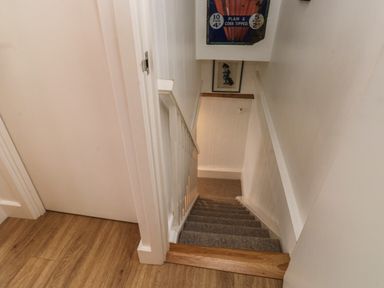 A staircase with carpeted steps and white walls with a framed picture on the wall at Mulberry Tree in Appledore