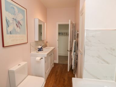 A bathroom with a toilet sink cabinet mirror towel rack and bathtub at Lands House Appledore
