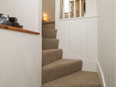 A carpeted staircase with white walls and a wooden handrail at Lands House in Appledore