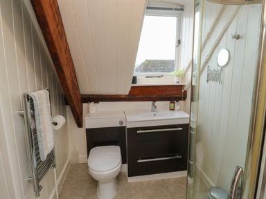 A bathroom with a toilet sink under a window and a towel rack at Lands House in Appledore