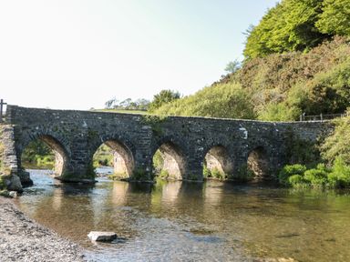 A stone arch bridge over a river with green trees and bushes at The Old Thatch in Porlock