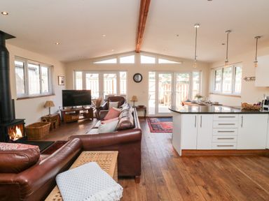 An open plan living room and kitchen with leather sofas and a wood burning stove at Gloccamaura in Bovey Tracey