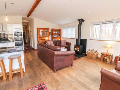 An open living room and kitchen area with brown leather sofas a wood burning stove a wooden floor and bookshelves at Gloccamaura in Bovey Tracey