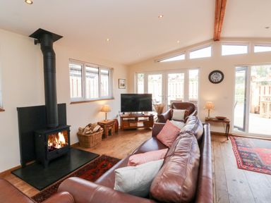 A living room with a wood-burning stove a leather sofa and pillows a television and a wooden floor at Gloccamaura in Bovey Tracey