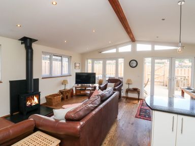 A living room with brown leather sofas a wood burning stove a television and glass doors leading to a fenced outdoor area at Gloccamaura in Bovey Tracey