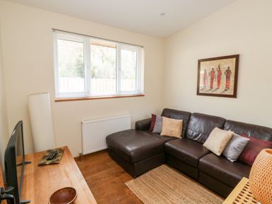 A living room with a brown leather sofa and cushions a wooden table with a TV and a painting on the wall at Gloccamaura in Bovey Tracey