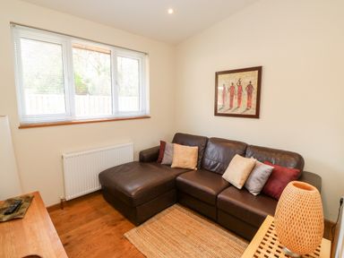 A living room with a brown leather sofa cushions a framed painting on the wall a window showing outside a wooden floor a woven lamp on a table and a radiator under the window at Gloccamaura Bovey Tracey