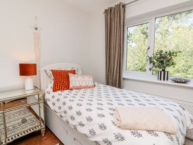 A bedroom with a single bed a bedside table with a lamp a window with curtains and a plant on the sill at Hazelwood Lodge in High Bickington