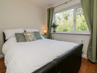 A bedroom with a bed with white bedding and green pillows near a window with green curtains at Hazelwood Lodge in High Bickington