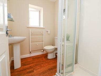 A bathroom with a pedestal sink a toilet a towel radiator a window and a shower at Hazelwood Lodge in High Bickington