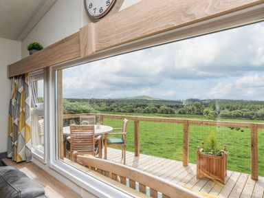 A view from inside a room through a large window showing a wooden deck with chairs table and plants overlooking a green field at Caban Cwtch The Cosy Cabin in Llanaelhaearn