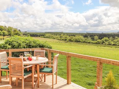 A wooden deck with a round table and four chairs overlooking a green field and trees at Caban Cwtch The Cosy Cabin in Llanaelhaearn