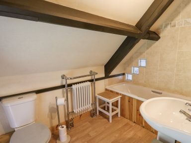 A bathroom with a toilet sink bathtub a towel radiator and a small stool at St Marks School House in Nant-Glas near Rhayader
