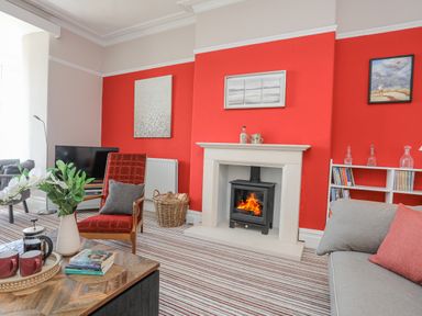 A living room with a fireplace television and chair at Llys Owen in Criccieth