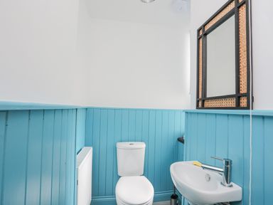 A toilet and sink with blue panelled walls and a rectangular mirror at Llys Owen in Criccieth