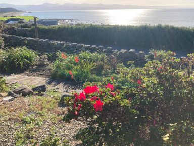 A garden with red flowers and stone walls overlooking the sea at Llys Owen in Criccieth