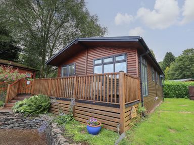 A wooden lodge with a railing and steps surrounded by grass and plants at Hill Top Lodge in Bowness 65 White Cross Bay
