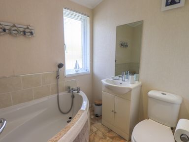 A bathroom with a bathtub shower and sink with mirror and toilet at Hill Top Lodge in Bowness 65 White Cross Bay