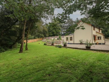 A house with a gravel driveway and potted plants in a grassy garden with trees at Rudbaxton Water in Rudbaxton near Haverfordwest