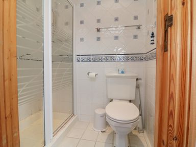 A bathroom with a shower enclosure a toilet and a tiled wall at 5 Seymour Villas in Woolacombe