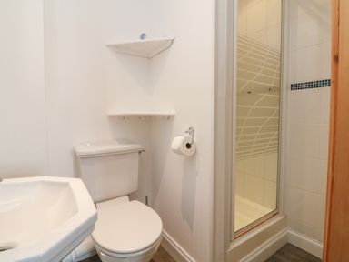 A bathroom with a toilet sink two corner shelves a toilet paper holder and a shower cubicle at 5 Seymour Villas in Woolacombe