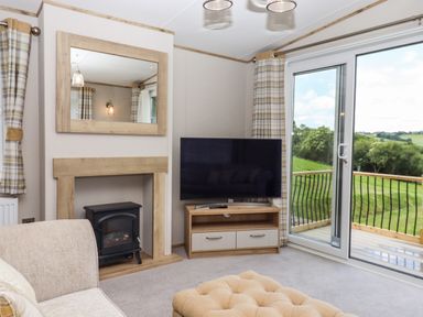 A living room with a large TV on a wooden stand a mirror above a fireplace and sliding glass doors leading to a balcony with a view of green fields at Ambleside in Cullompton