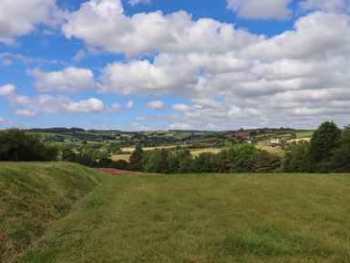 A grassy field with trees and rolling hills under a sky with clouds at Ambleside in Cullompton