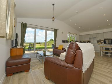 An open living room and kitchen with leather sofas and a glass coffee table at The Linhay in Lapford