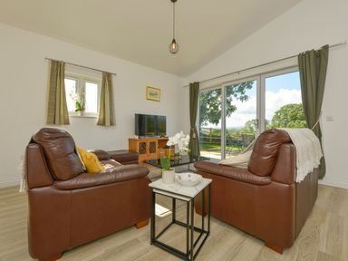 A living room with brown leather sofas a side table a television and sliding glass doors showing an outdoor patio at The Linhay in Lapford