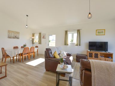 A living and dining area with brown chairs a dining table brown leather sofas a TV and wooden furniture at The Linhay in Lapford
